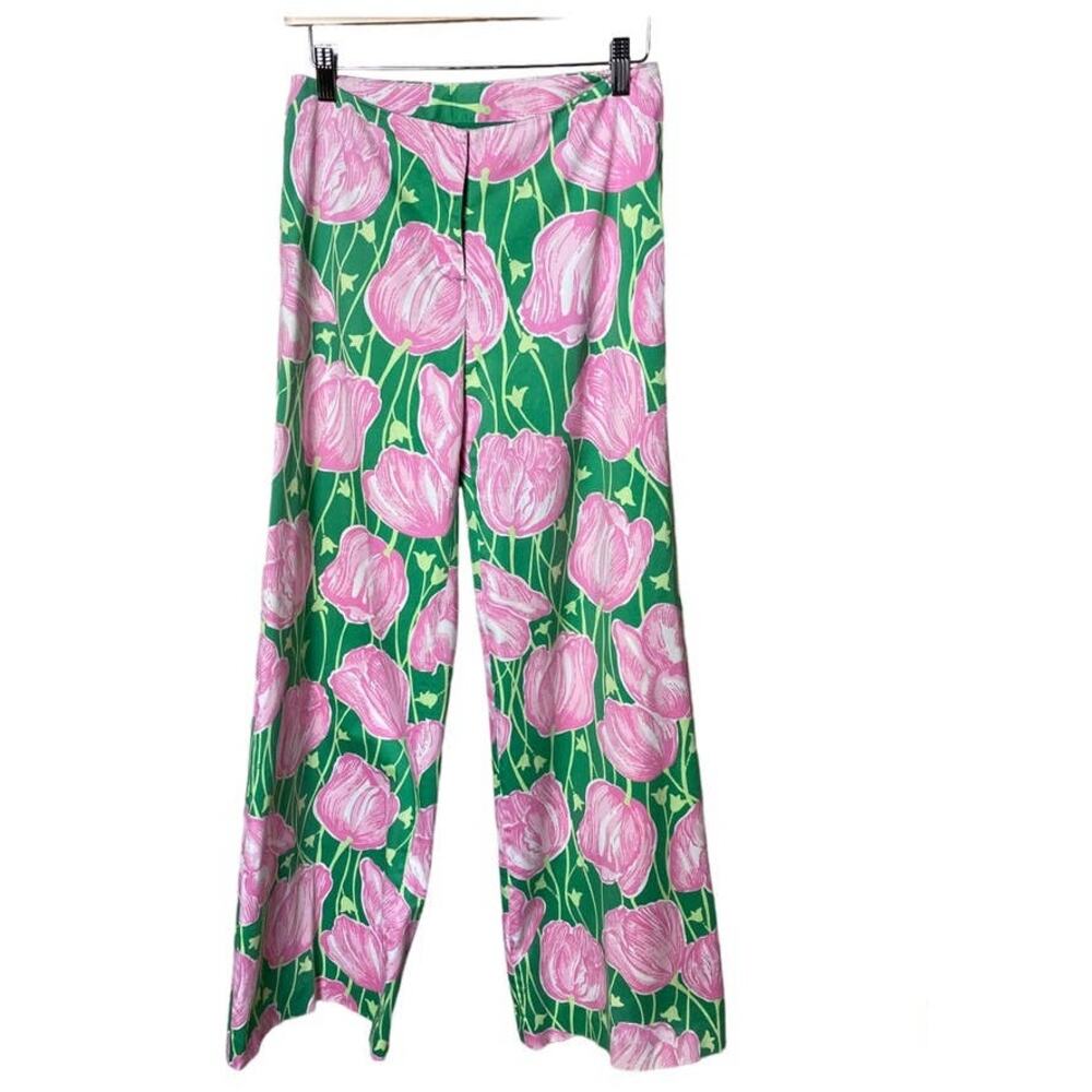 Lilly Pulitzer Pink and Green Floral Wide Leg Pants